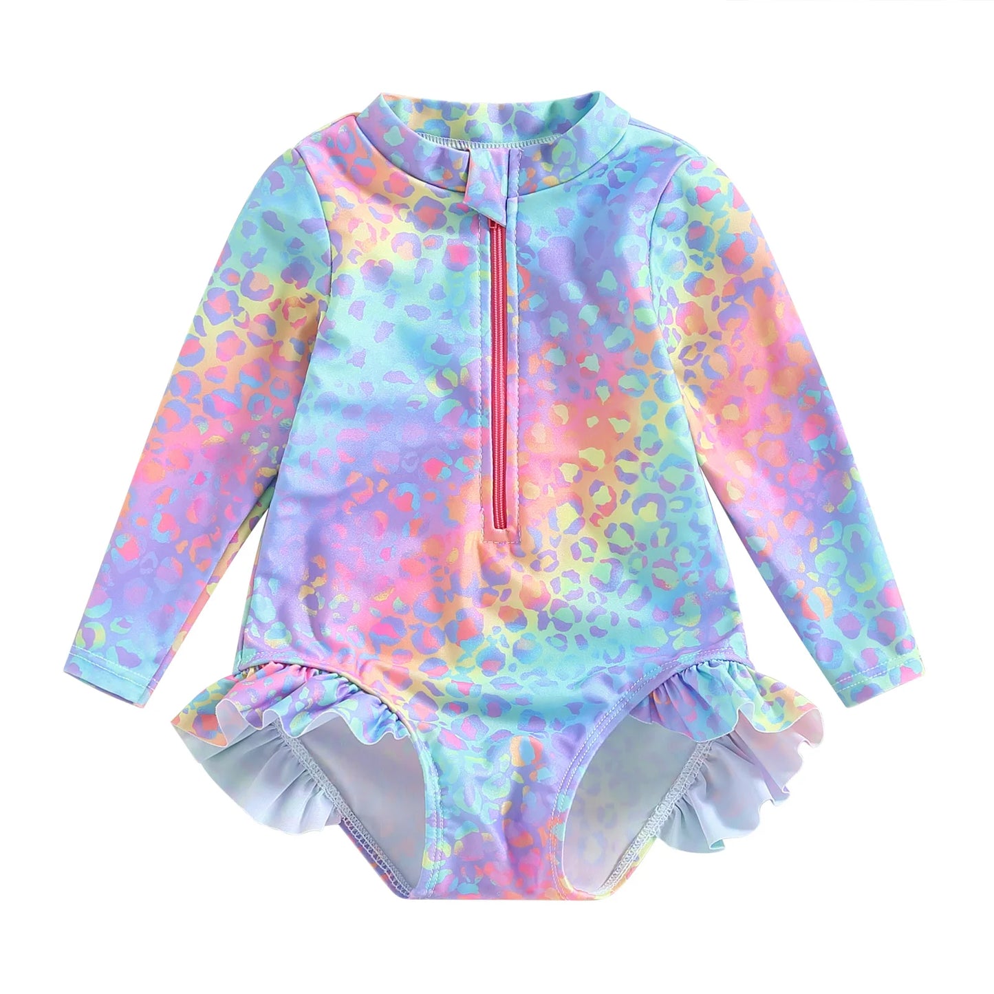 18M - 6T Baby Girl  Swimsuits, Print Ruffles, Long Sleeve Zipper Jumpsuit