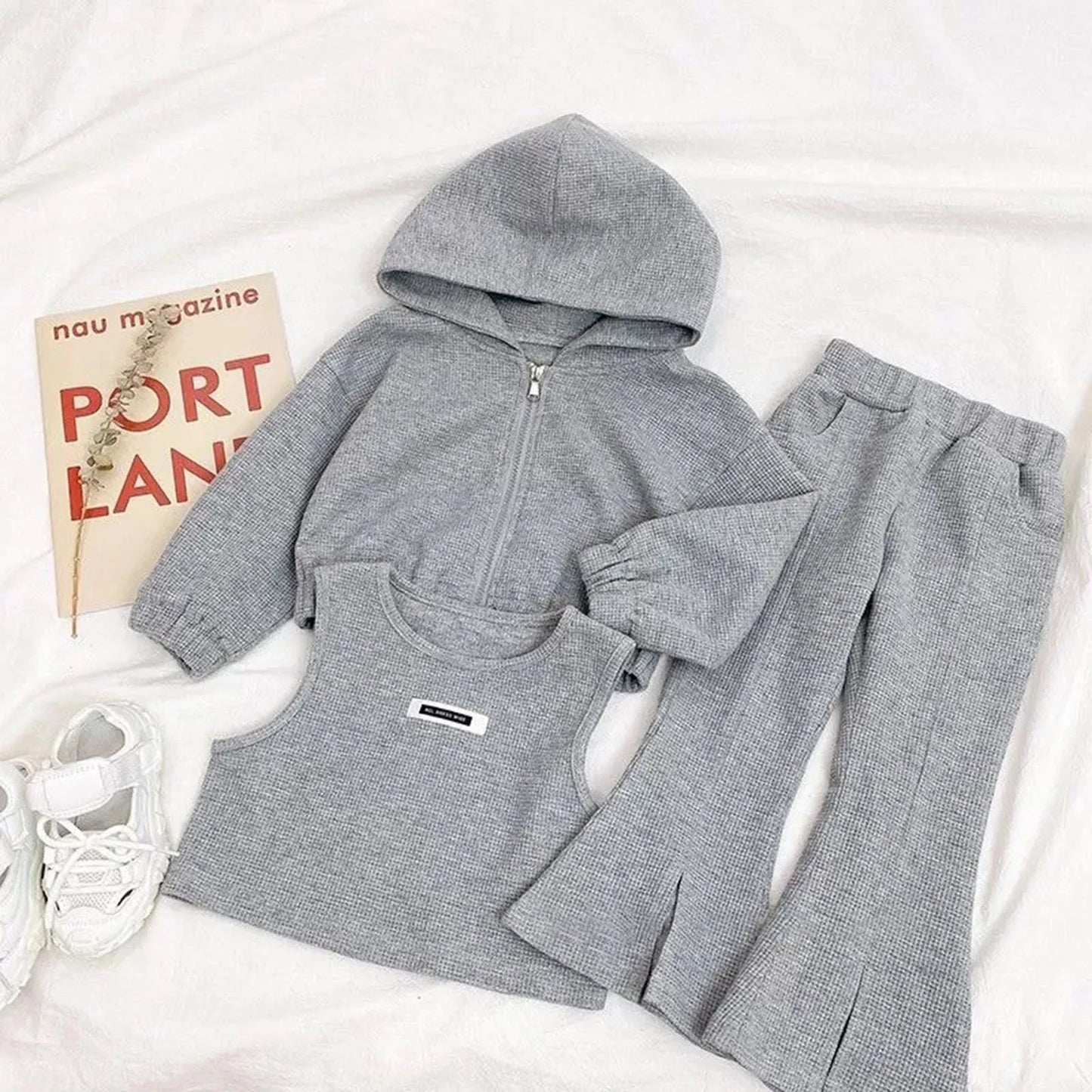 12M-8Y Girls 3Pc Set - Hoodie, Tank Top, Flare Pants - Gray.