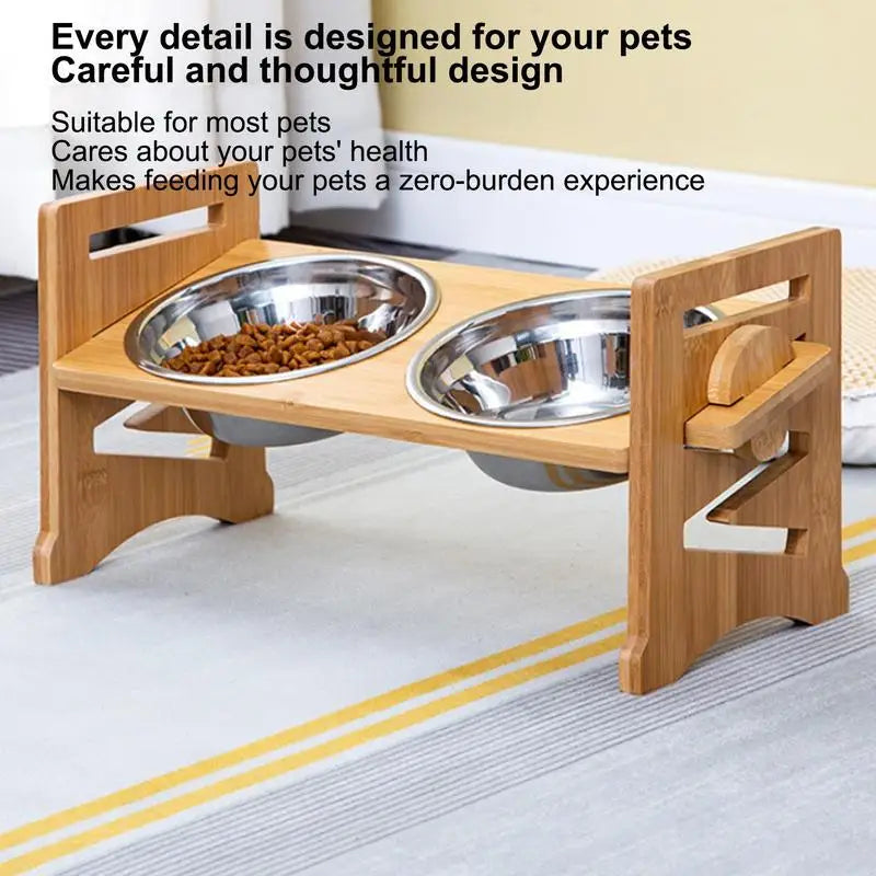 Adjustable Elevated Wood Frame with Tilted Double Stainless Steel Pet/Dog Bowls.