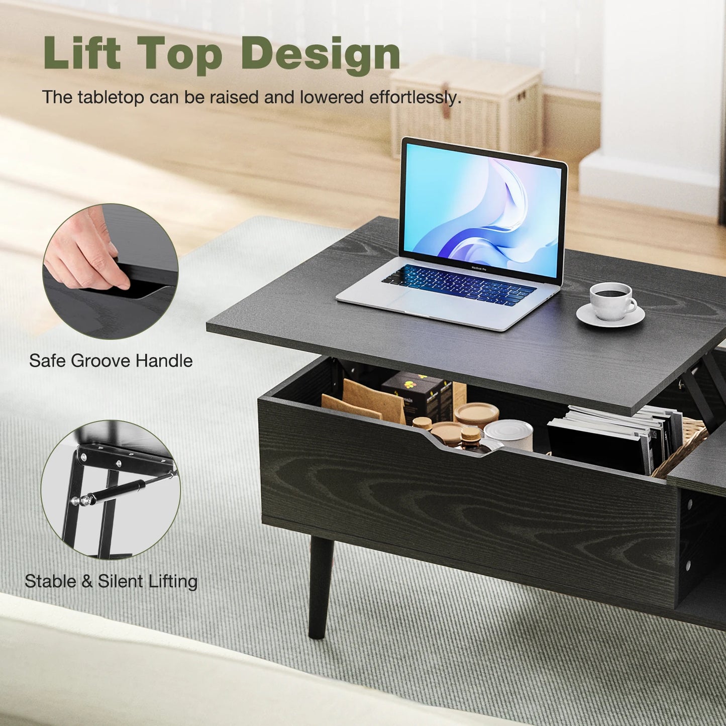 Living Room Lift-Top Coffee Table w/Adjustable Storage Shelf  (Black, Chocolate).