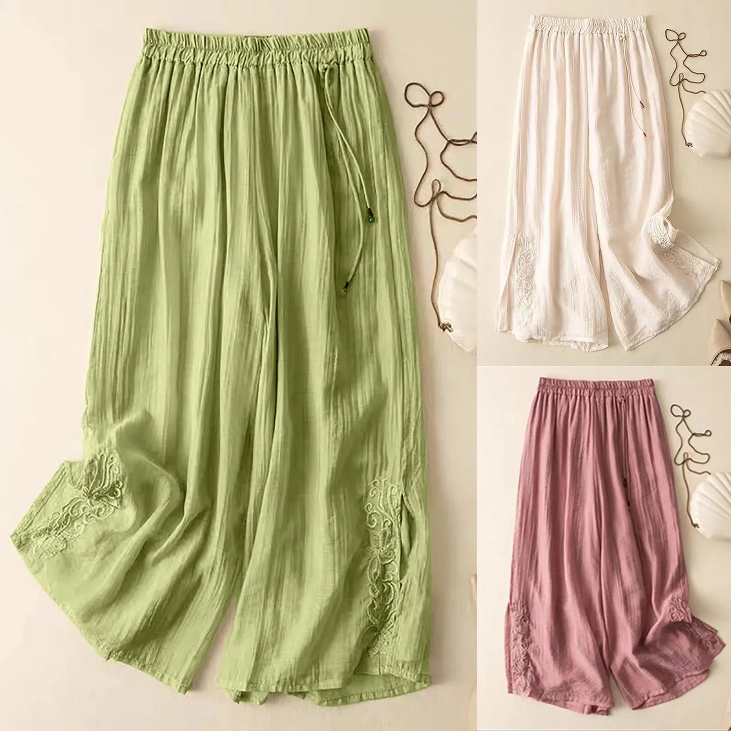 Women Loose Boho Wide Leg Flowy Pants. Elastic Waist (x3 Colors)