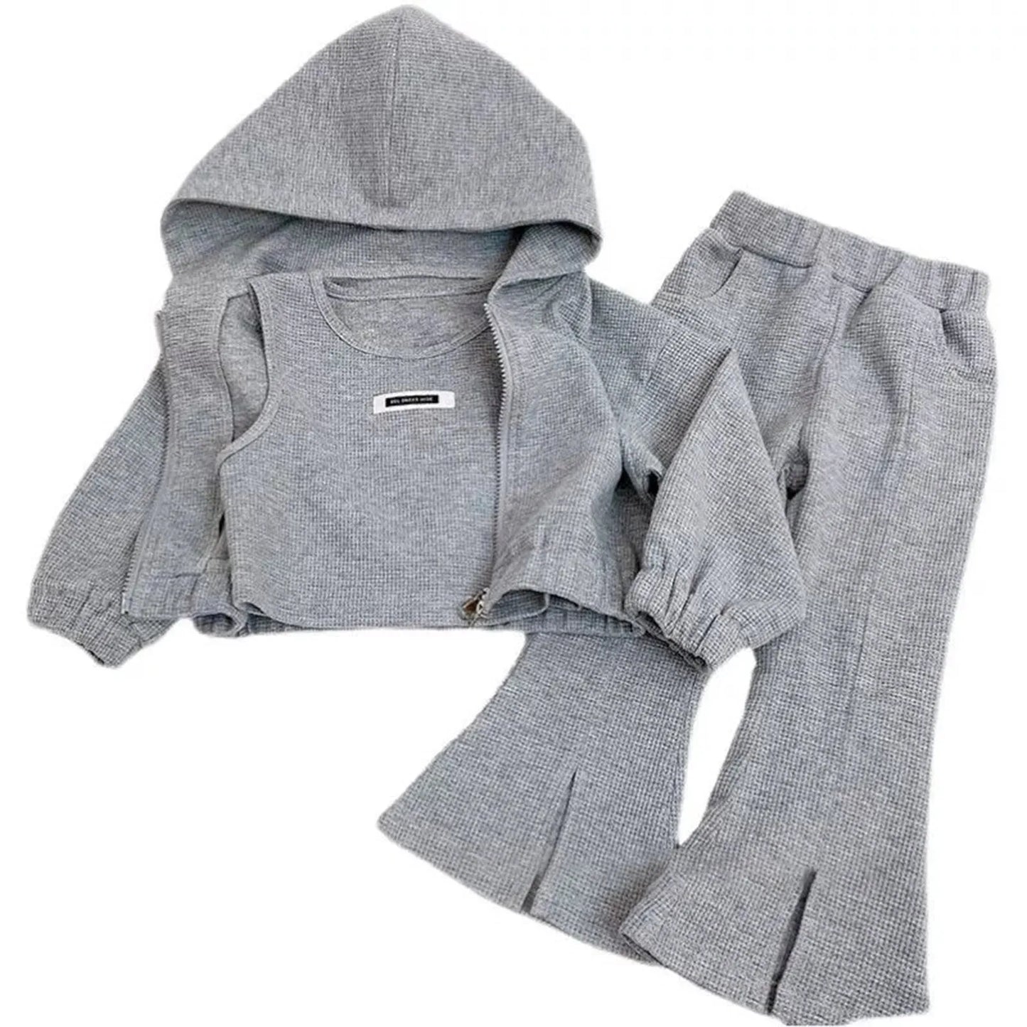 12M-8Y Girls 3Pc Set - Hoodie, Tank Top, Flare Pants - Gray.