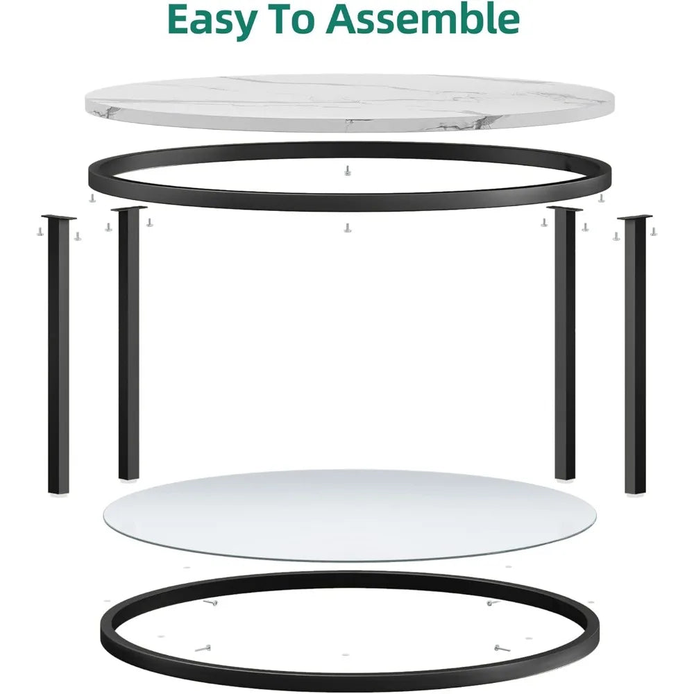 Modern 2-Tier Round Faux Marble Coffee Table w/Glass, Gold, Black