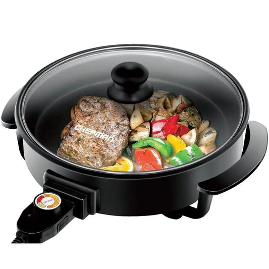 12" Electric Skillet Frying Pan with Non-Stick Coating, Tempered Glass Lid      Cool-Touch Handles/Knob