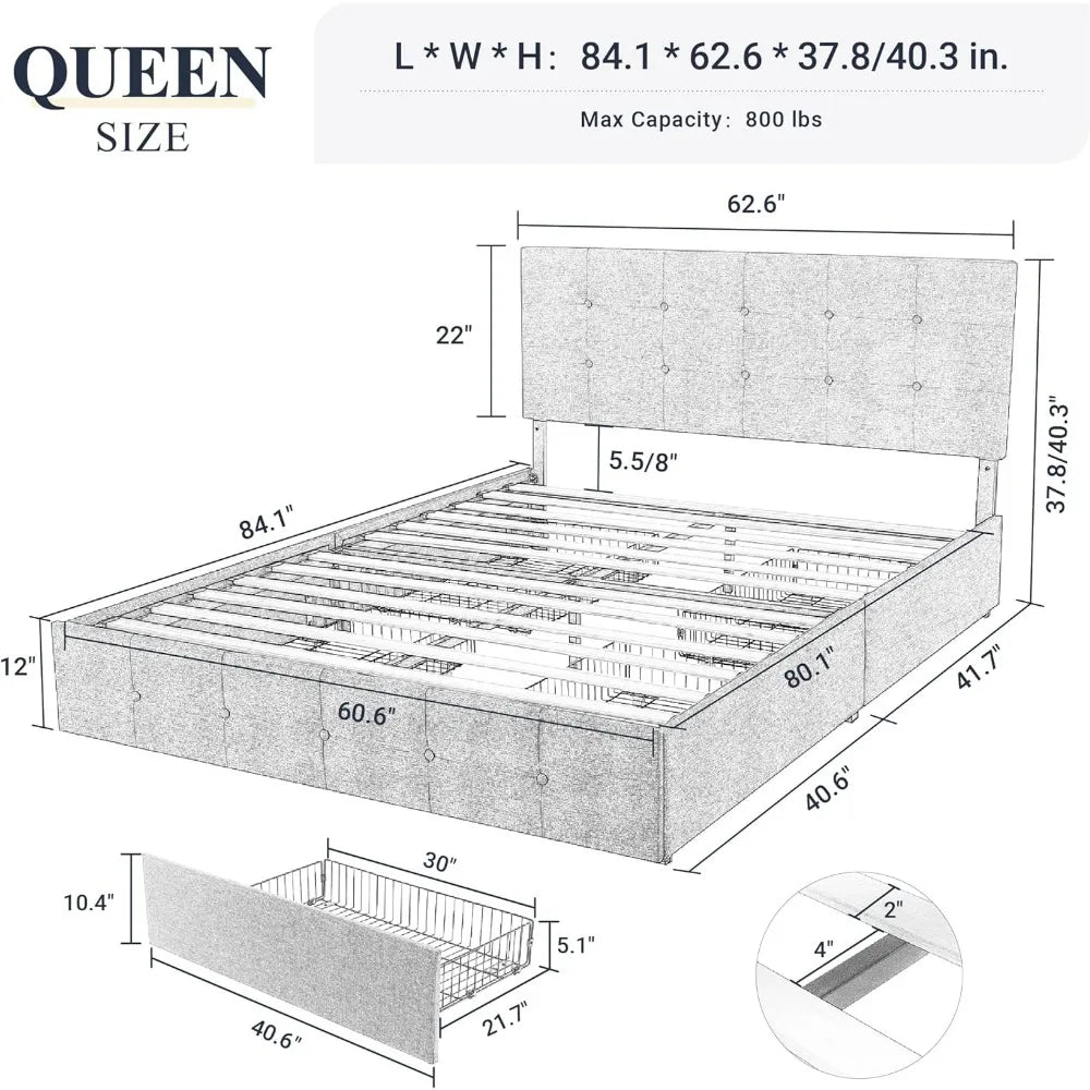 Upholstered Queen Bed Frame and Headboard with 4 Drawers & Slats