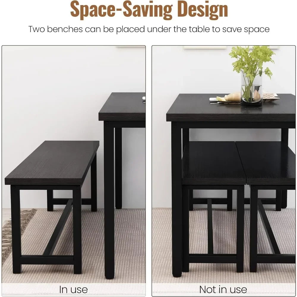 3-Piece Dining/kitchen Table Set with 2 Benches (Black).